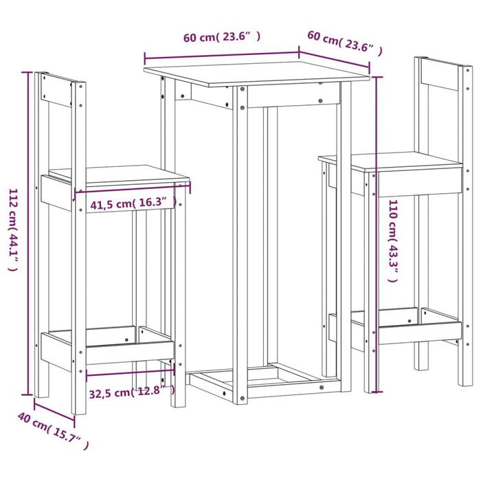 Set da Bar 3 pz Bianco in Legno Massello di Pino 3124733