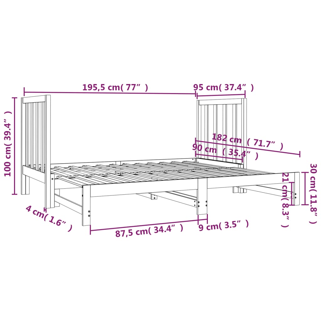 Dormeuse Estraibile Nera 2x(90x190) cm Legno Massello di Pino 3124771