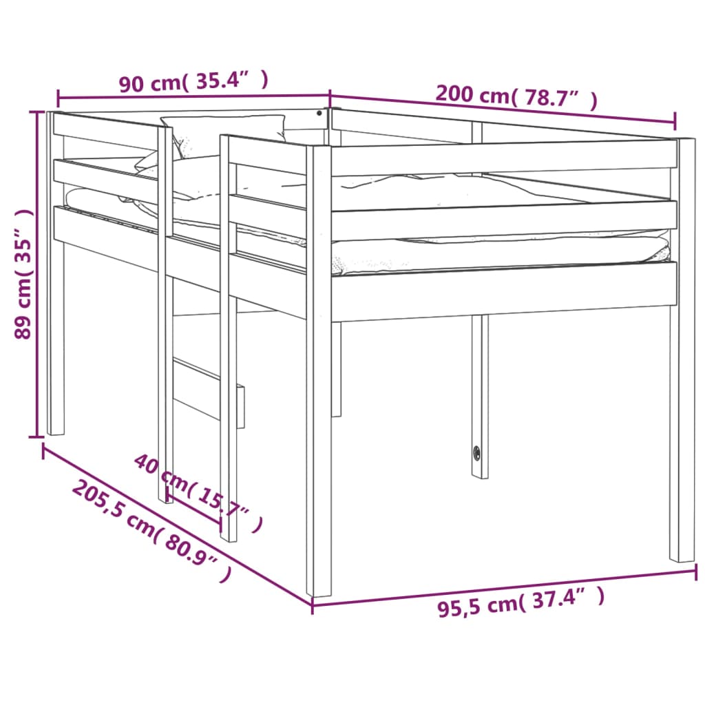 Letto a Soppalco Bianco 90x200 cm in Legno Massello di Pino cod mxl 64978