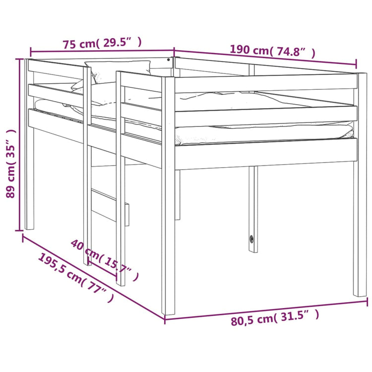 Letto a Soppalco 75x190 cm in Legno Massello di Pino 821619