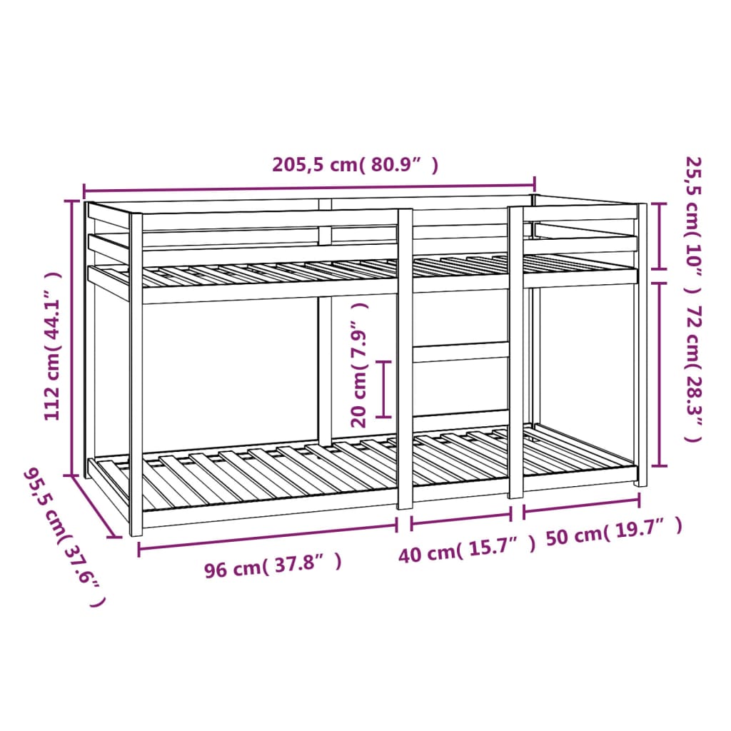 Letto a Castello Miele 90x200 cm in Legno Massello di Pino 821647