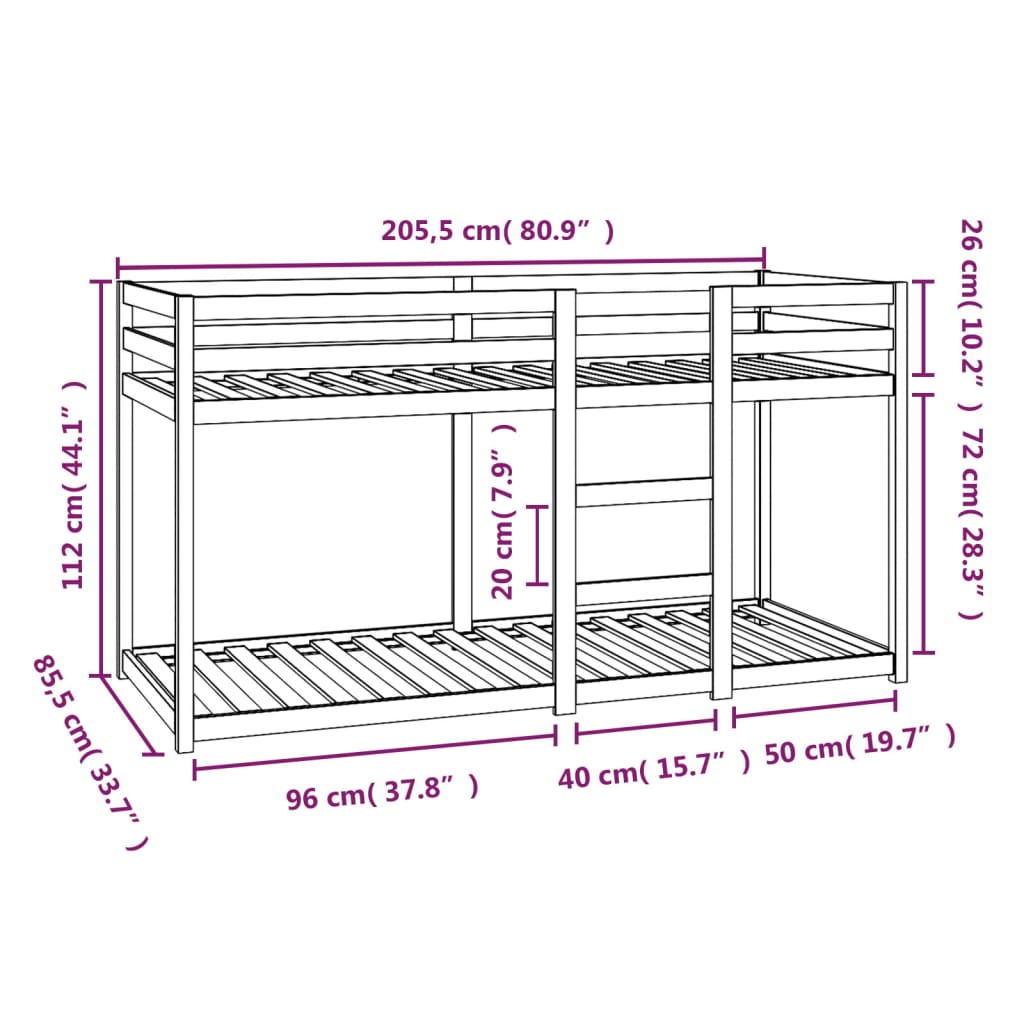 Letto a Castello 80x200 cm in Legno Massello di Pino cod mxl 63589