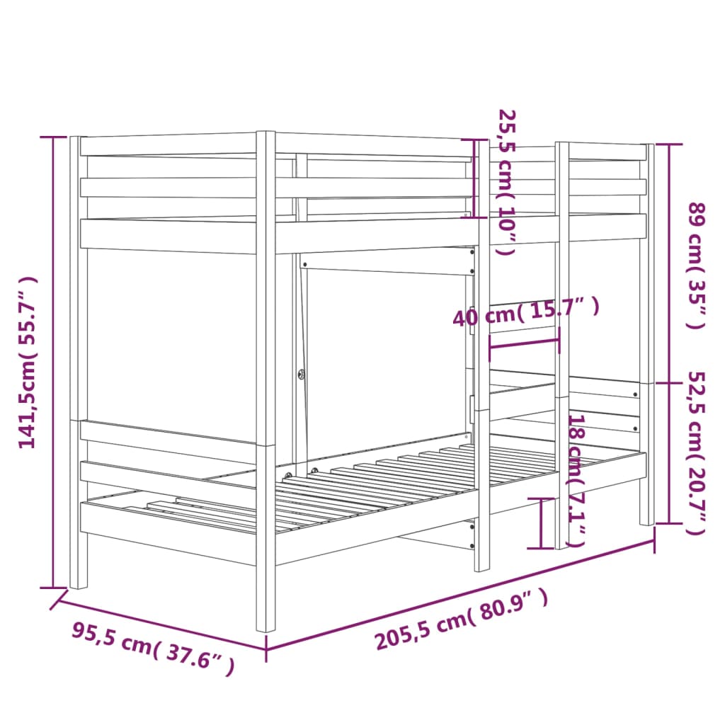 Letto a Castello 90x200 cm in Legno Massello di Pino cod mxl 55964