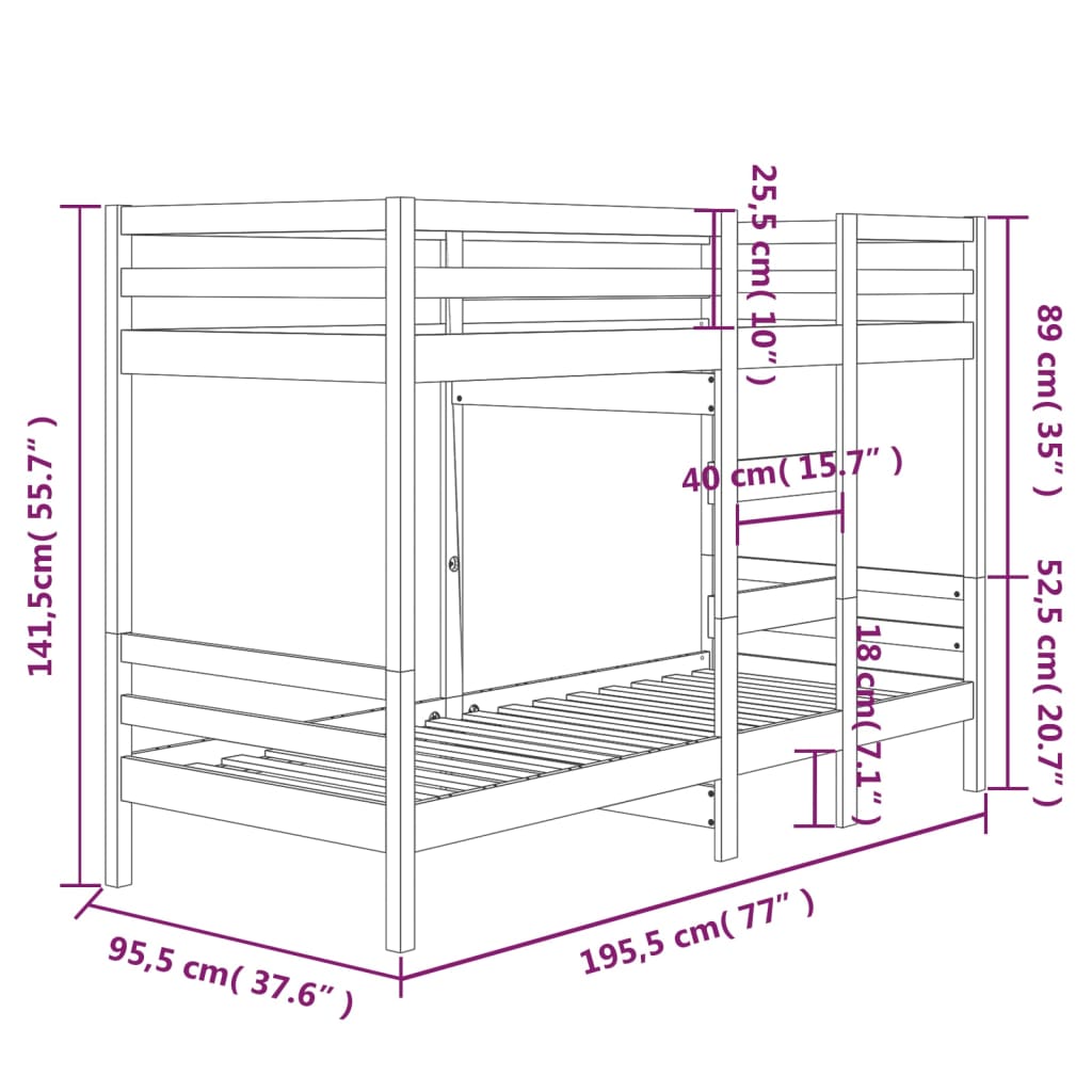 Letto a Castello 90x190 cm in Legno Massello di Pino 3139839