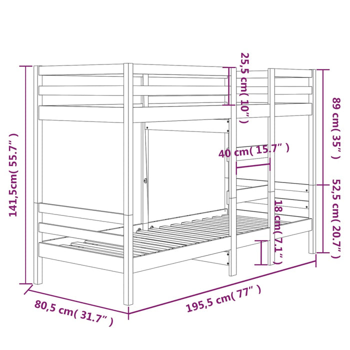 Letto a Castello Bianco 75x190 cm in Legno Massello di Pino 3139845