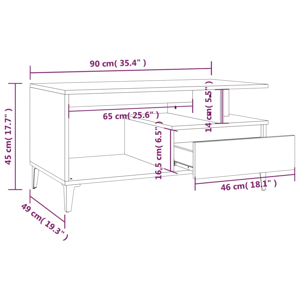 Tavolino da Salotto Bianco 90x49x45 cm in Legno Multistrato cod mxl 16967