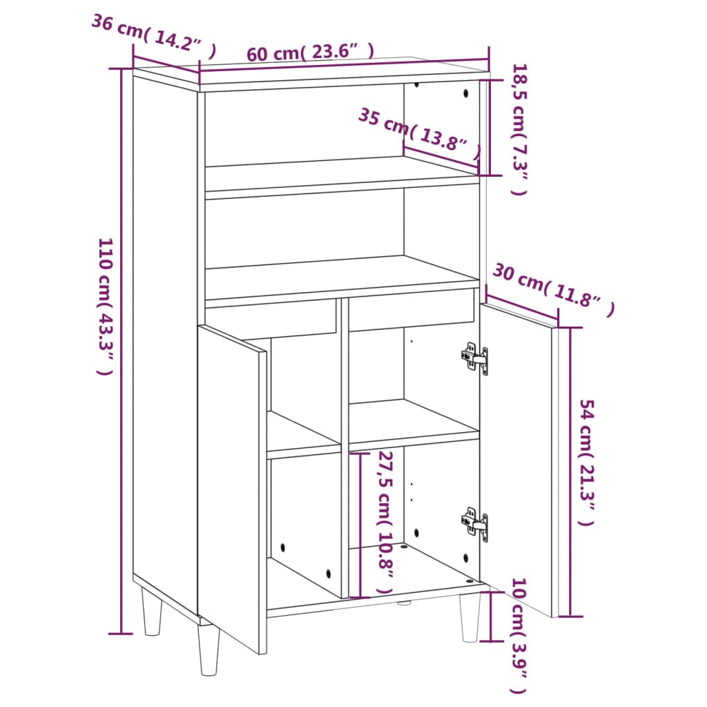 Credenza Bianco Lucido 60x36x110 cm in Legno Multistrato