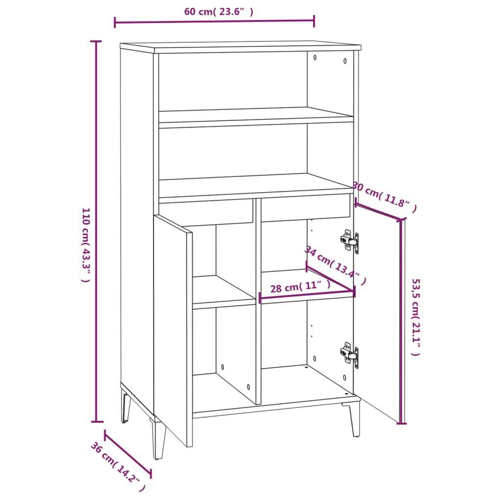 Credenza Bianco Lucido 60x36x110 cm in Legno Multistrato cod mxl 11564