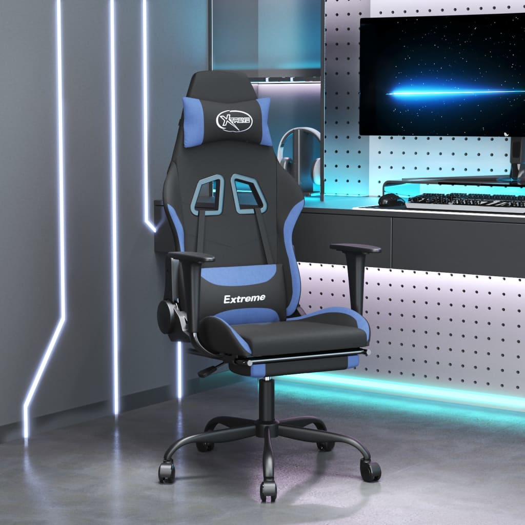 Sedia da Gaming con Poggiapiedi Nero e Blu in Tessuto 3143729