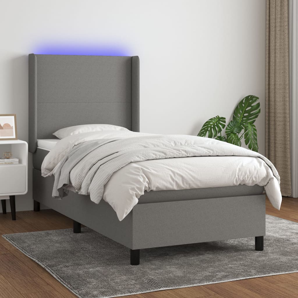 Letto a Molle Materasso e LED Grigio Scuro 100x200cm in Tessuto 3138134