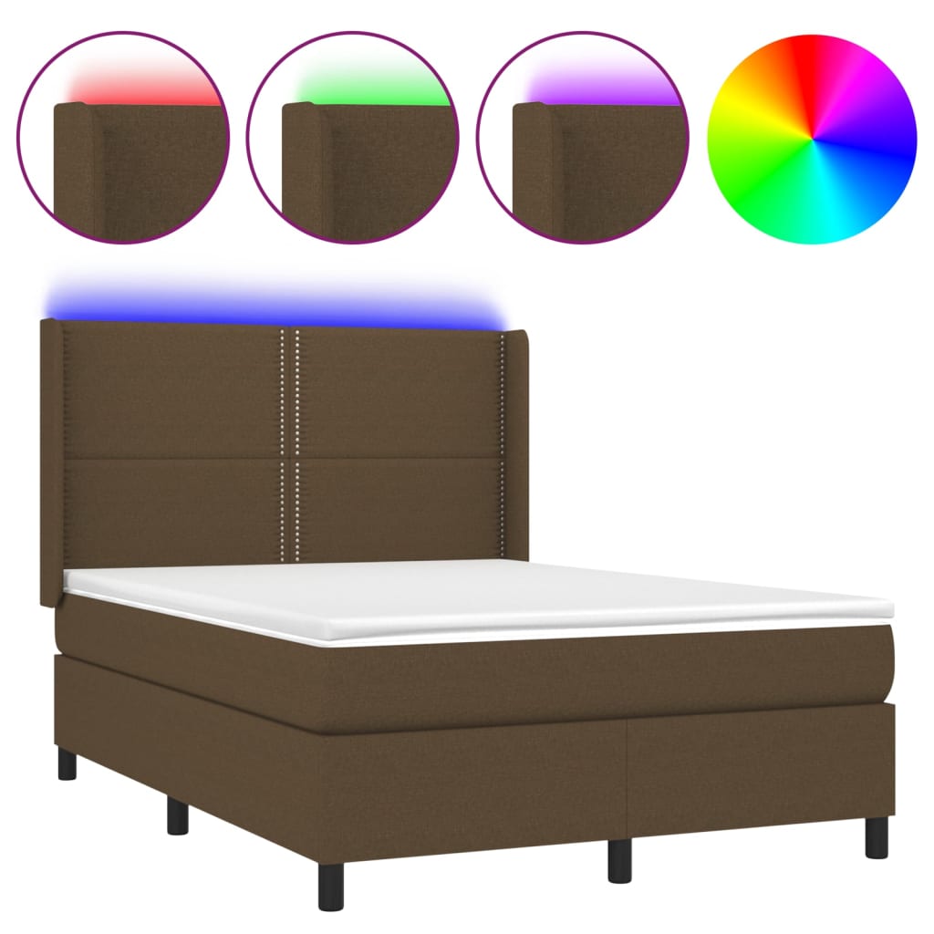 Letto a Molle Materasso e LED MarroneScuro 140x190cm in Tessuto 3138232