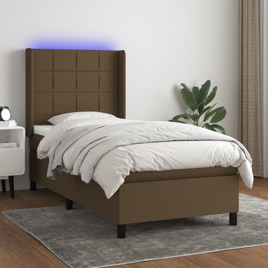 Letto a Molle Materasso e LED Marrone Scuro 100x200 cm Tessuto 3138296