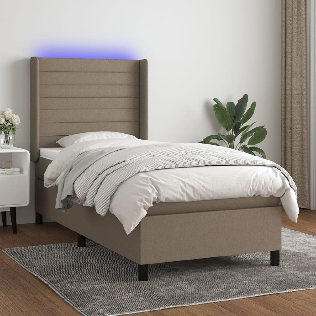 Letto a Molle con Materasso e LED Tortora 100x200cm in Tessuto 3138377