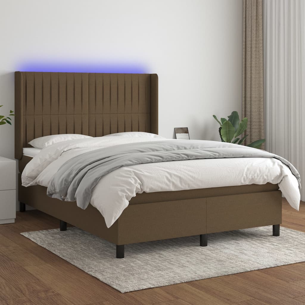 Letto a Molle Materasso e LED MarroneScuro 140x190cm in Tessuto 3138472