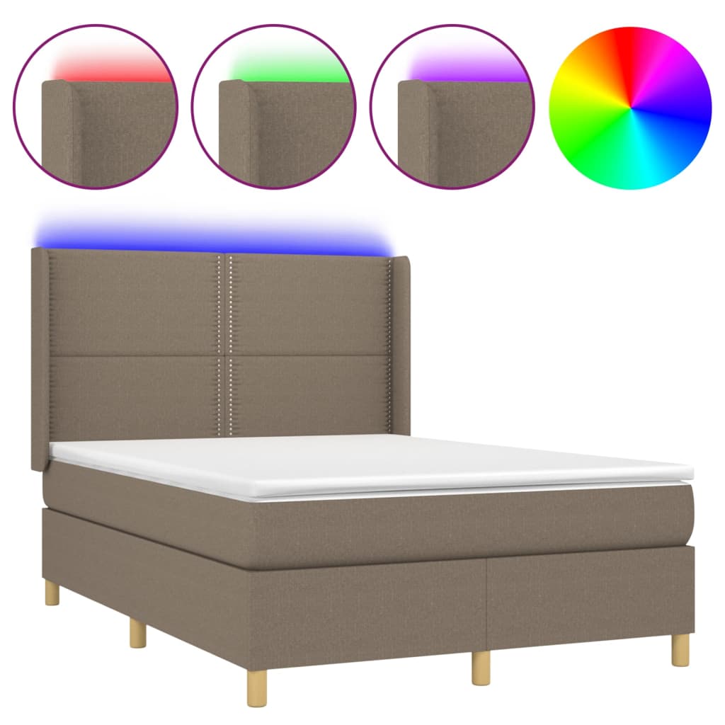 Letto a Molle con Materasso e LED Tortora 140x190 cm in Tessuto 3138793