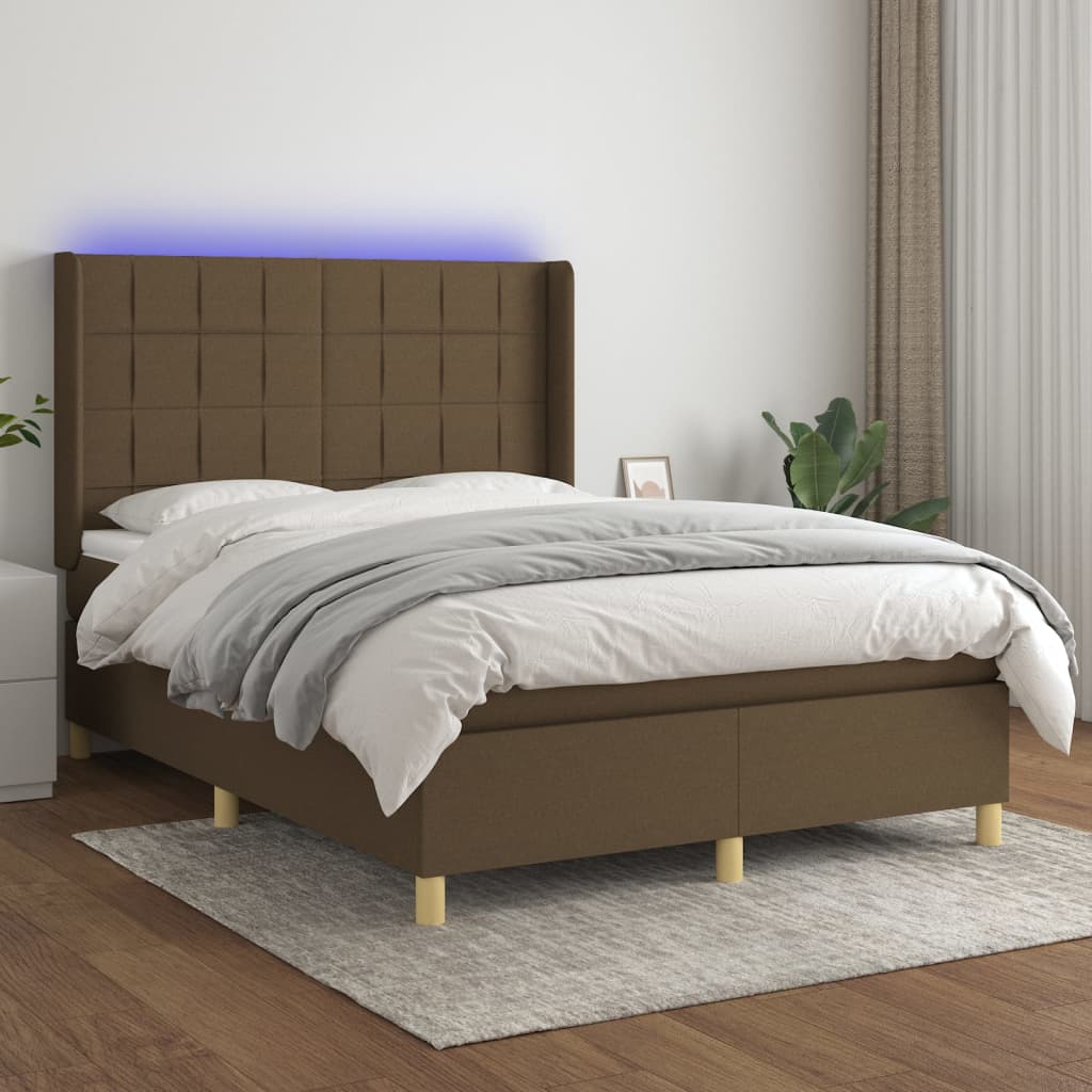 Letto a Molle Materasso e LED Marrone Scuro 140x200 cm Tessuto 3138880