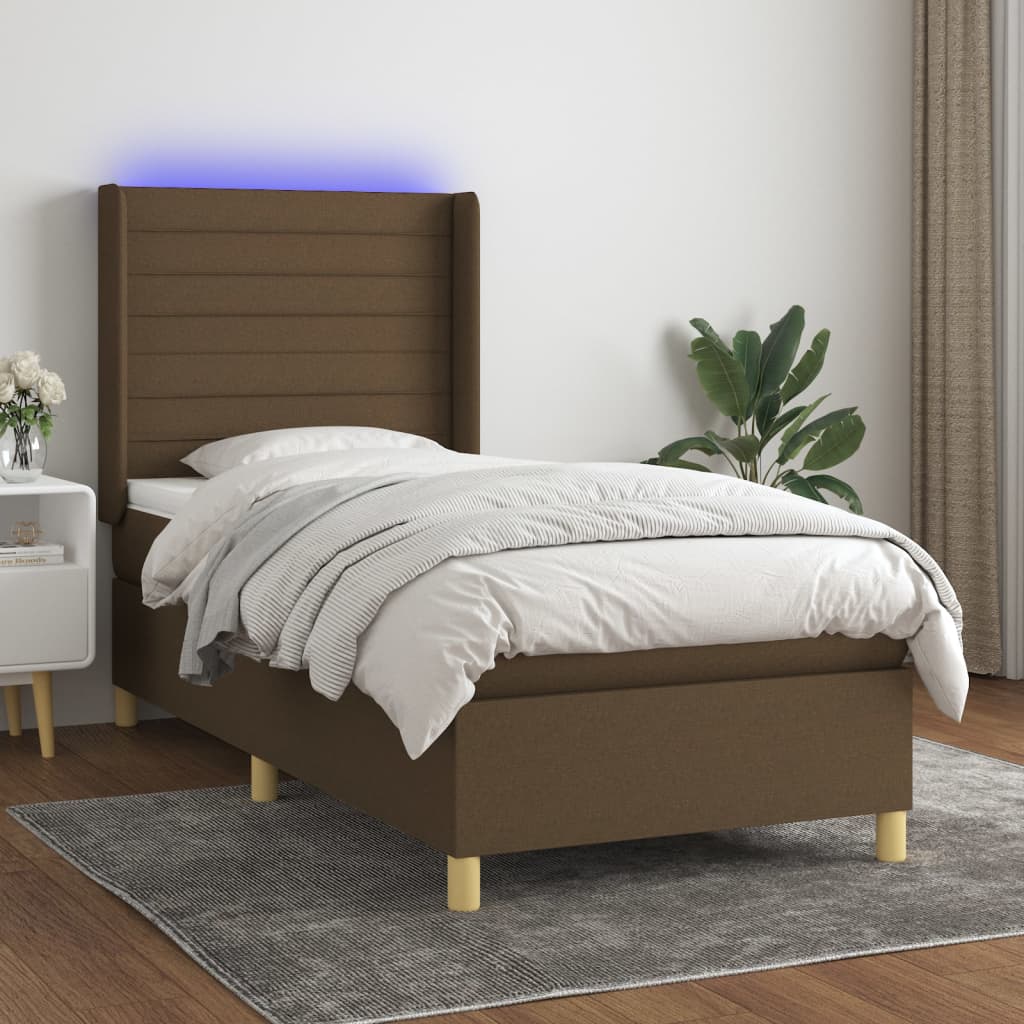 Letto a Molle Materasso e LED Marrone Scuro 90x200cm in Tessuto 3138928