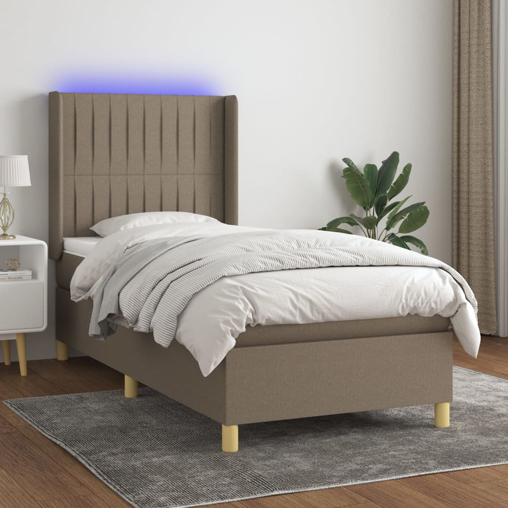 Letto a Molle con Materasso e LED Tortora 100x200cm in Tessuto 3139017