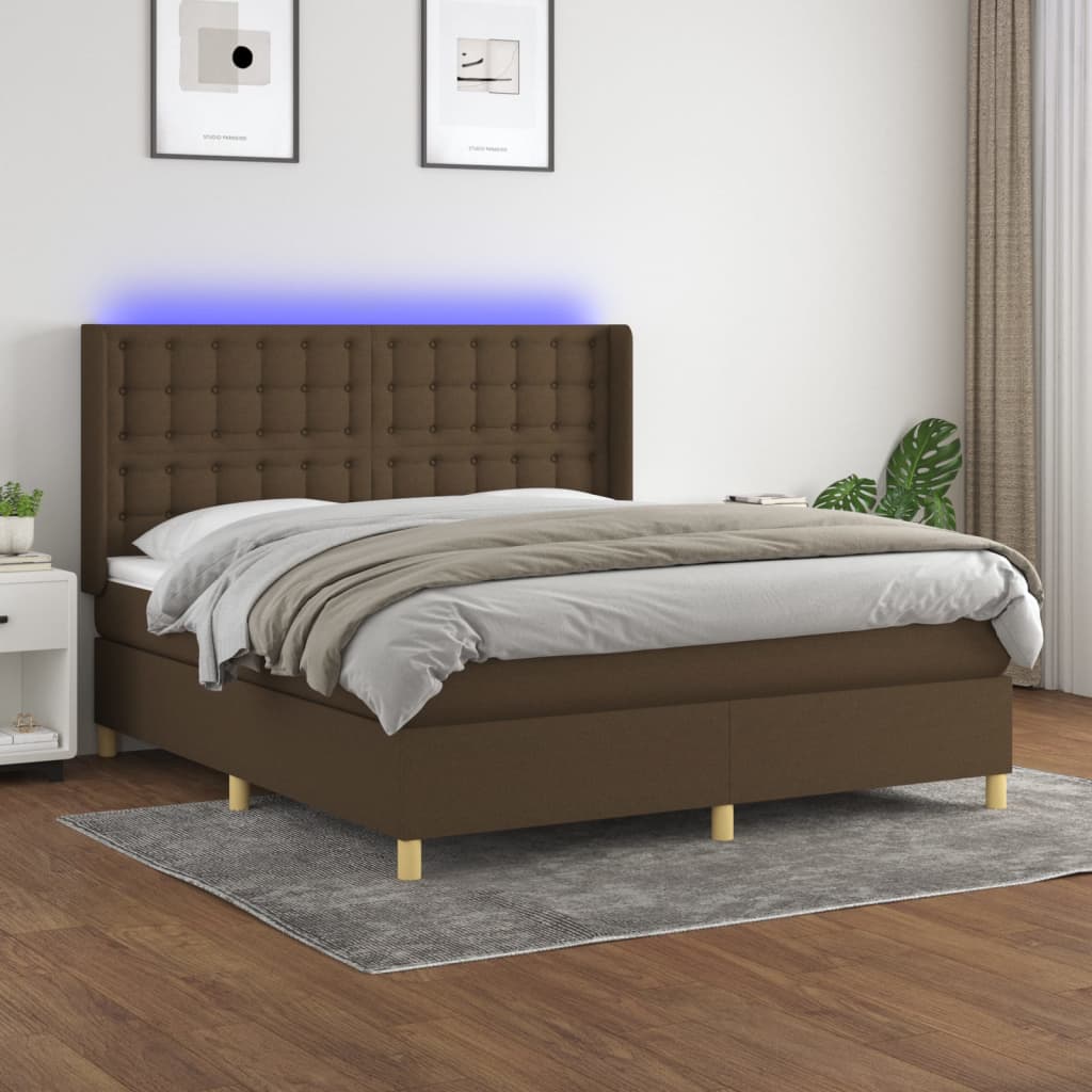 Letto a Molle Materasso e LED Marrone Scuro 160x200 cm Tessuto 3139208