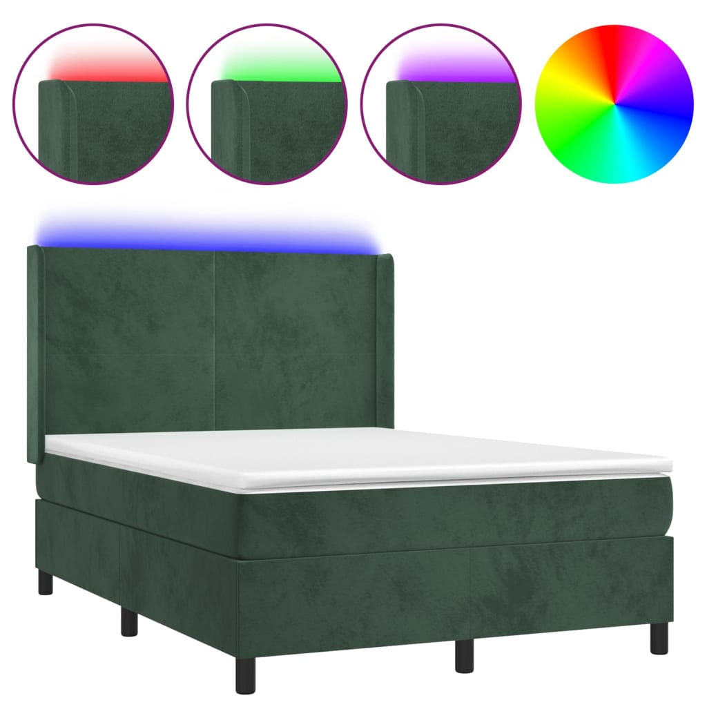 Letto a Molle con Materasso e LED Verde Scuro 140x200cm Velluto 3139448