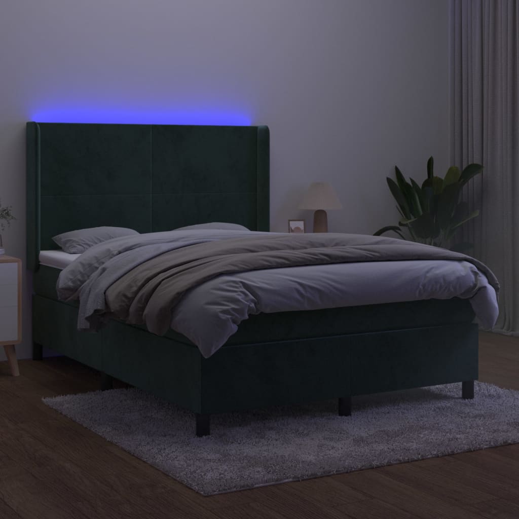 Letto a Molle con Materasso e LED Verde Scuro 140x200cm Velluto 3139448