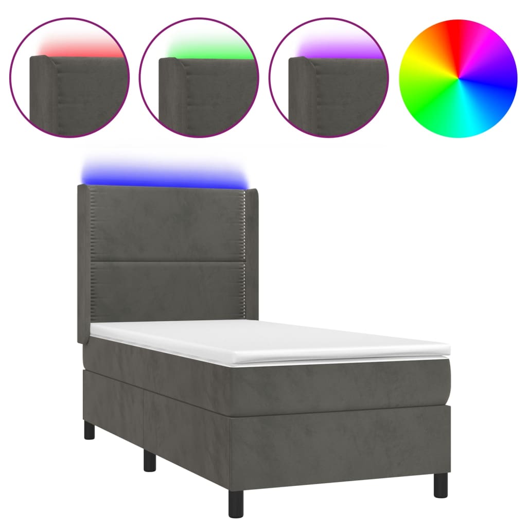 Letto a Molle con Materasso e LED Grigio Scuro 80x200cm Velluto 3139470