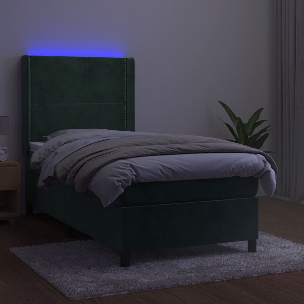 Letto a Molle con Materasso e LED Verde Scuro 90x200cm Velluto 3139484