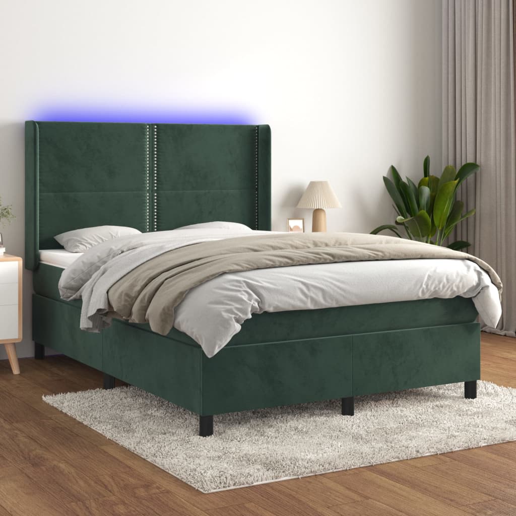 Letto a Molle con Materasso e LED Verde Scuro 140x200cm Vellutocod mxl 99420