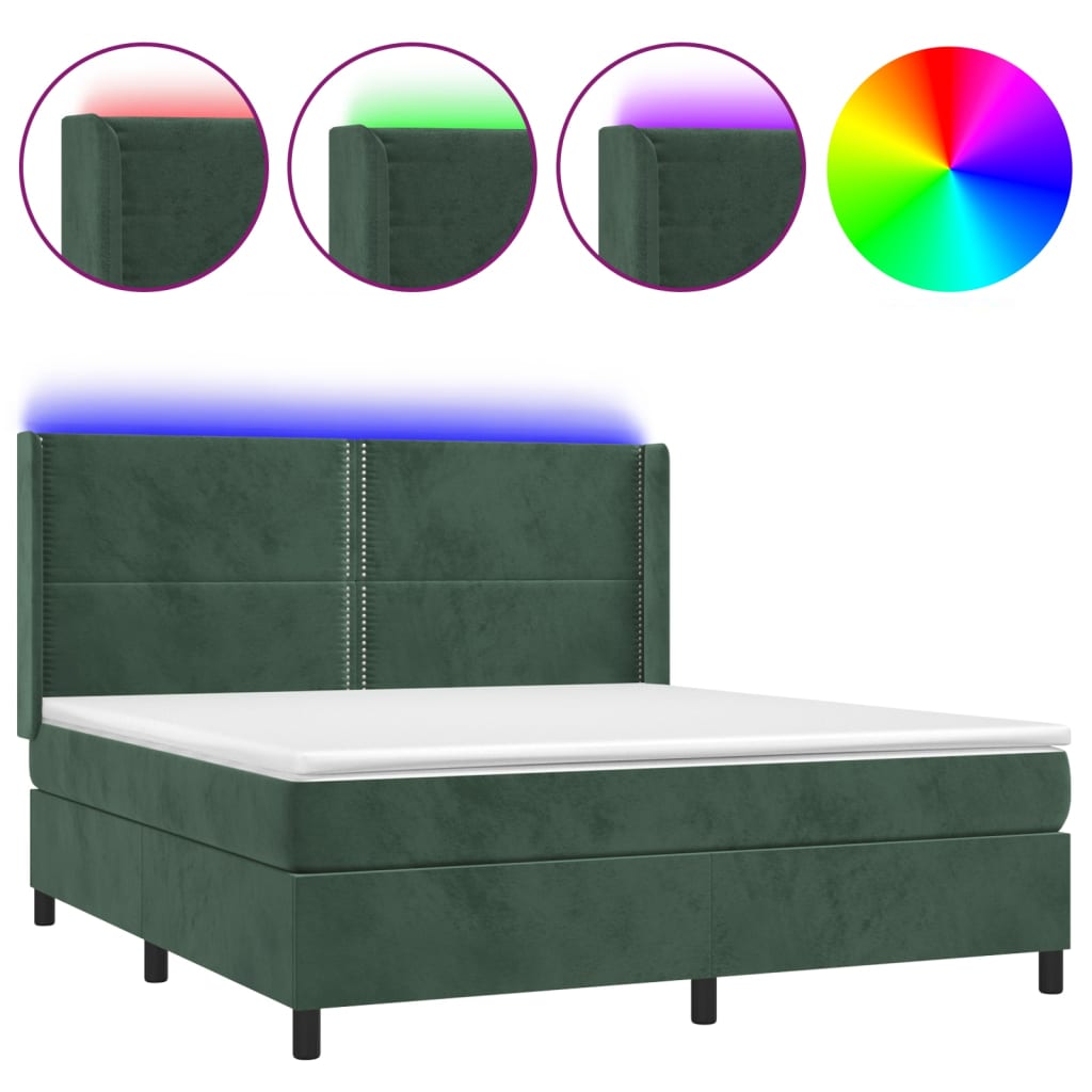 Letto a Molle con Materasso e LED Verde Scuro 160x200cm Velluto 3139514