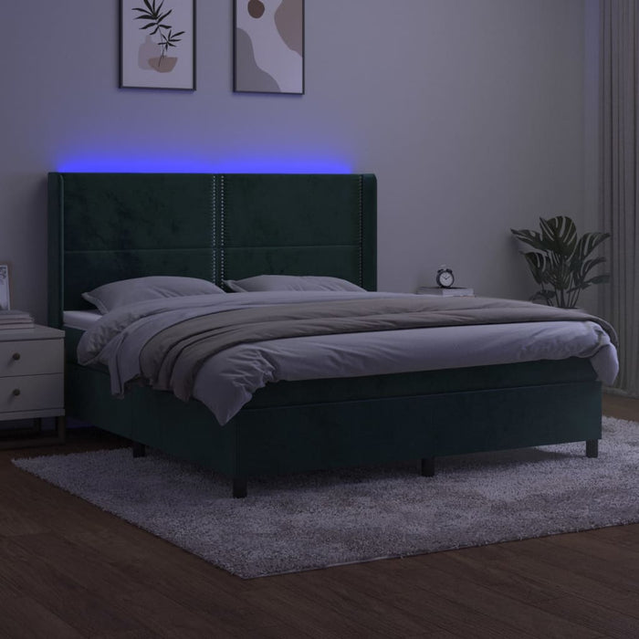 Letto a Molle con Materasso e LED Verde Scuro 160x200cm Velluto 3139514