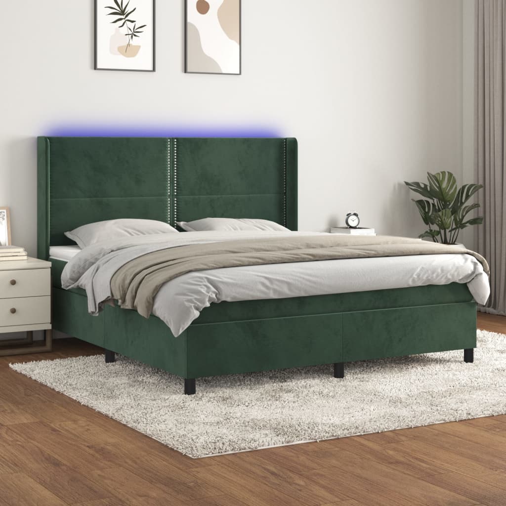 Letto a Molle con Materasso e LED Verde Scuro 160x200cm Velluto 3139514