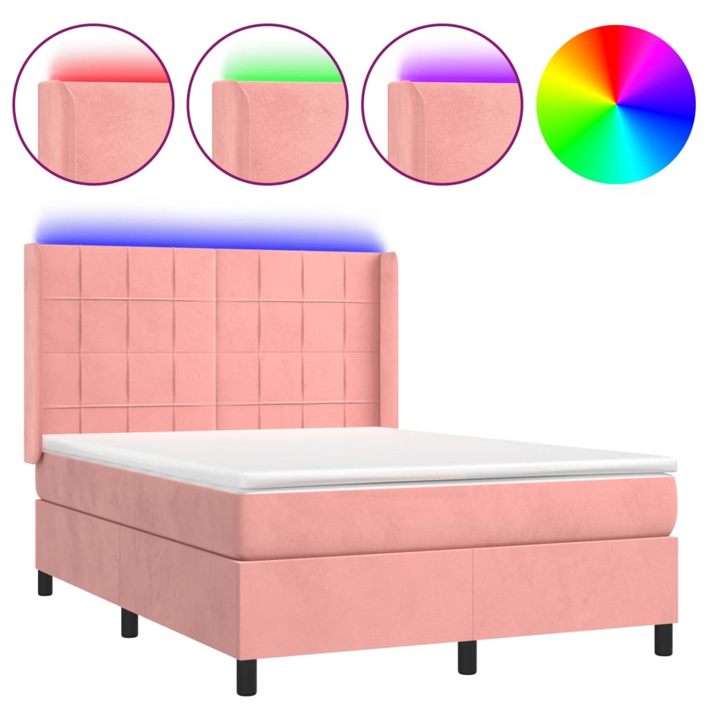 Letto a Molle con Materasso e LED Rosa 140x190 cm in Velluto 3139564