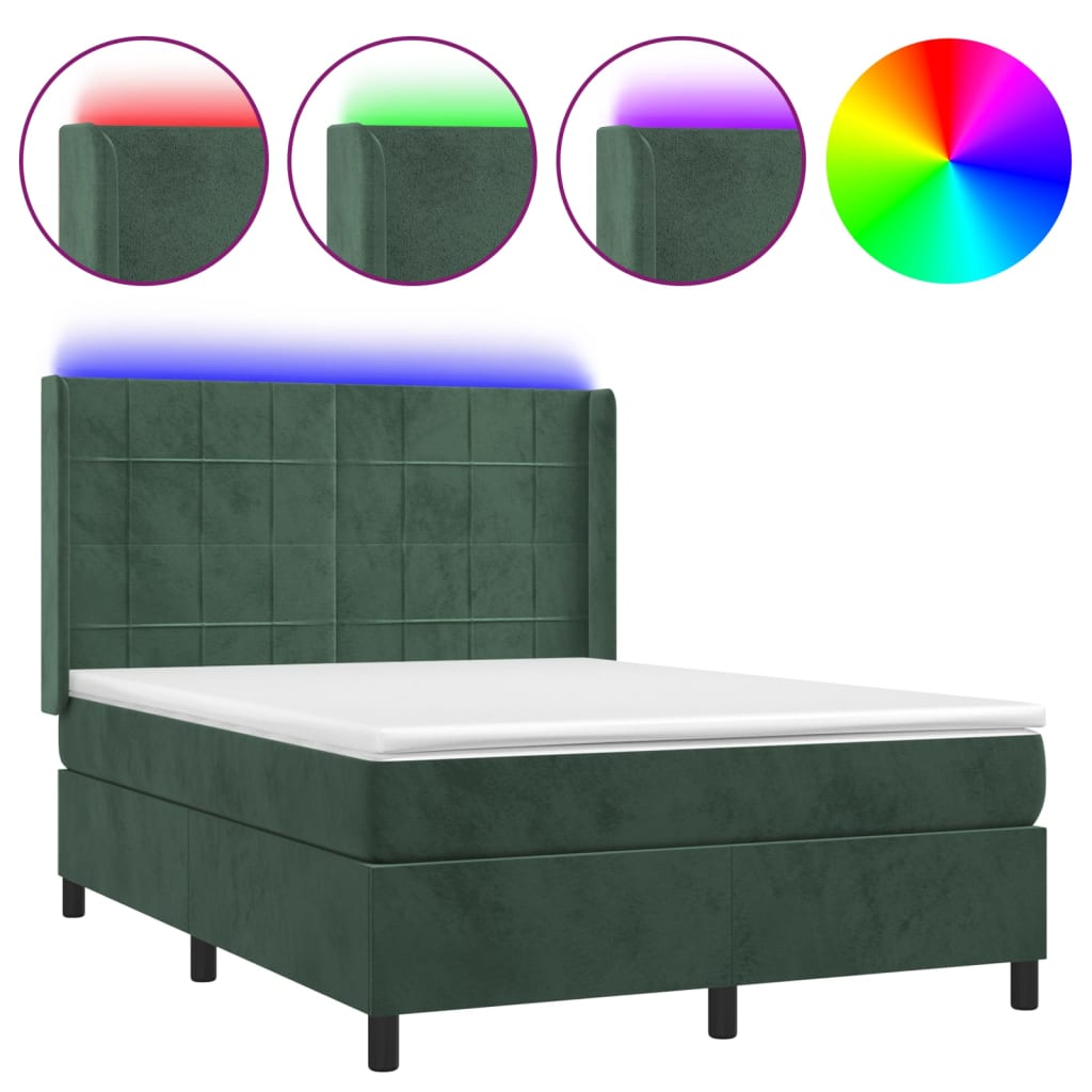 Letto a Molle con Materasso e LED Verde Scuro 140x200cm Vellutocod mxl 75440