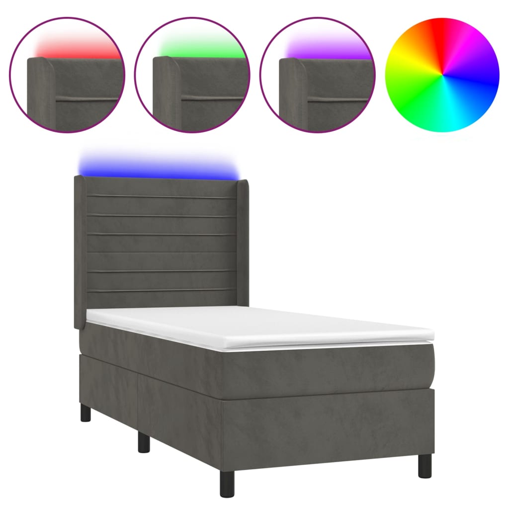 Letto a Molle con Materasso e LED Grigio Scuro 90x190cm Velluto cod mxl 72488