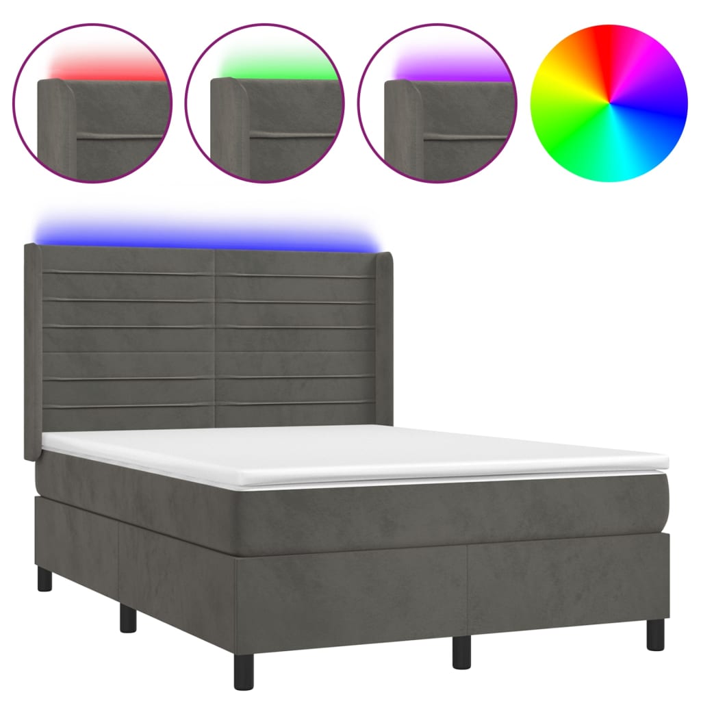 Letto a Molle con Materasso e LED Grigio Scuro 140x200 cm 3139626