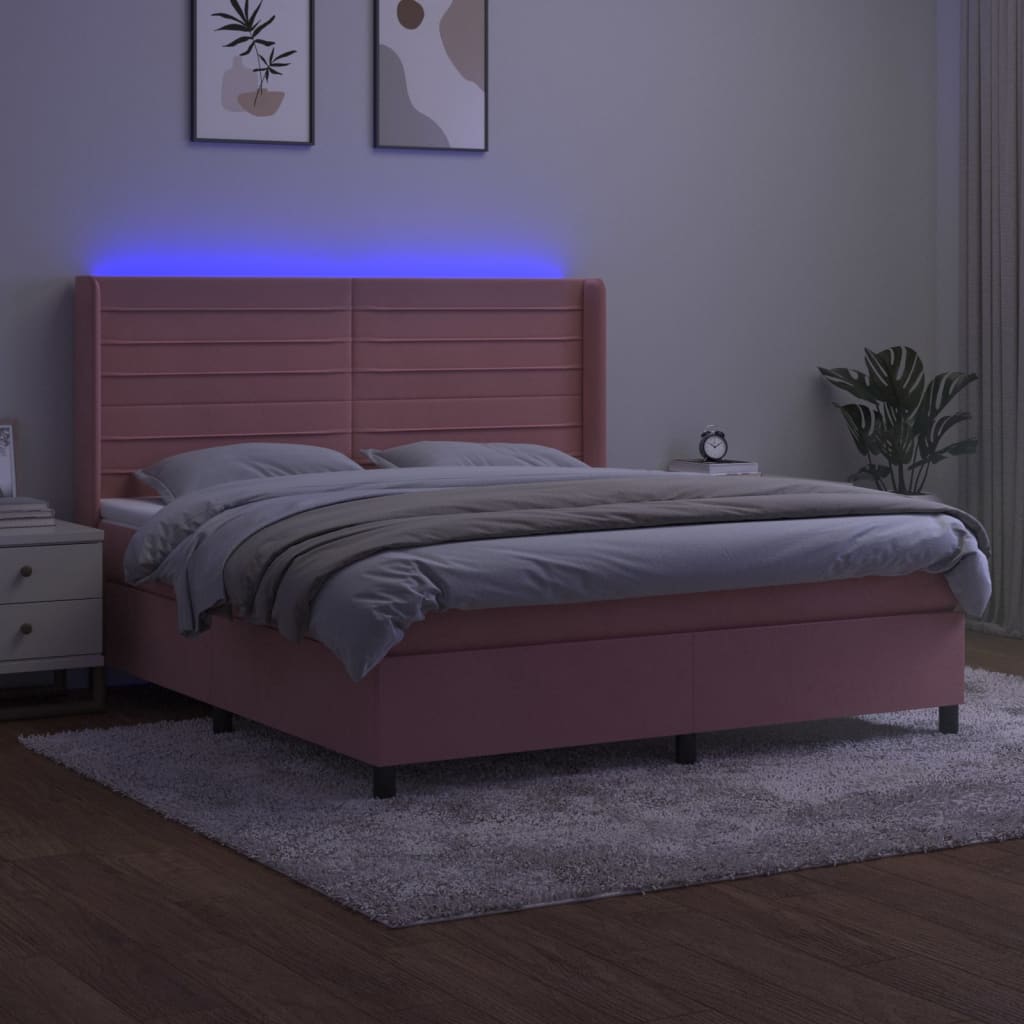 Letto a Molle con Materasso e LED Rosa 160x200 cm in Velluto 3139636