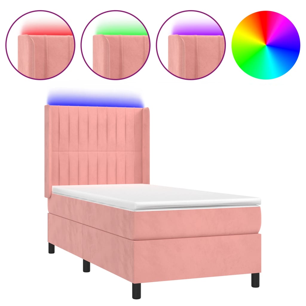 Letto a Molle con Materasso e LED Rosa 90x200 cm in Velluto 3139666