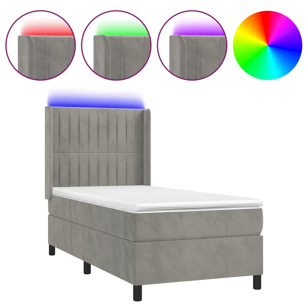 Letto a Molle Materasso e LED Grigio Chiaro 100x200 cm Vellutocod mxl 75459