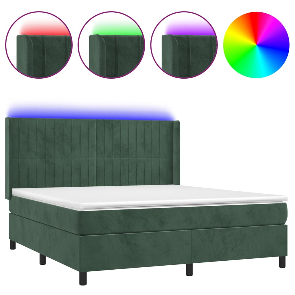 Letto a Molle con Materasso e LED Verde Scuro 160x200cm Velluto 3139694