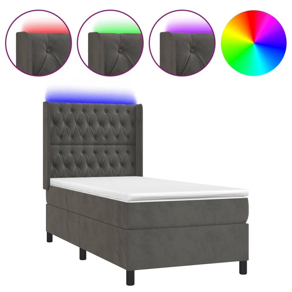 Letto a Molle con Materasso e LED Grigio Scuro 90x200cm Vellutocod mxl 75470