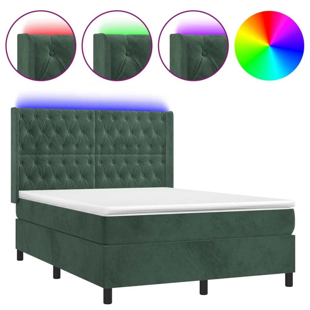 Letto a Molle con Materasso e LED Verde Scuro 140x190cm Vellutocod mxl 99464