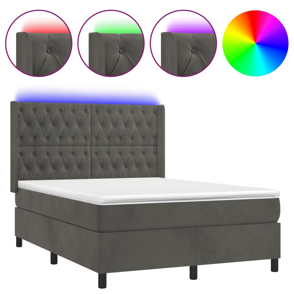 Letto a Molle con Materasso e LED Grigio Scuro 140x200 cm 3139746