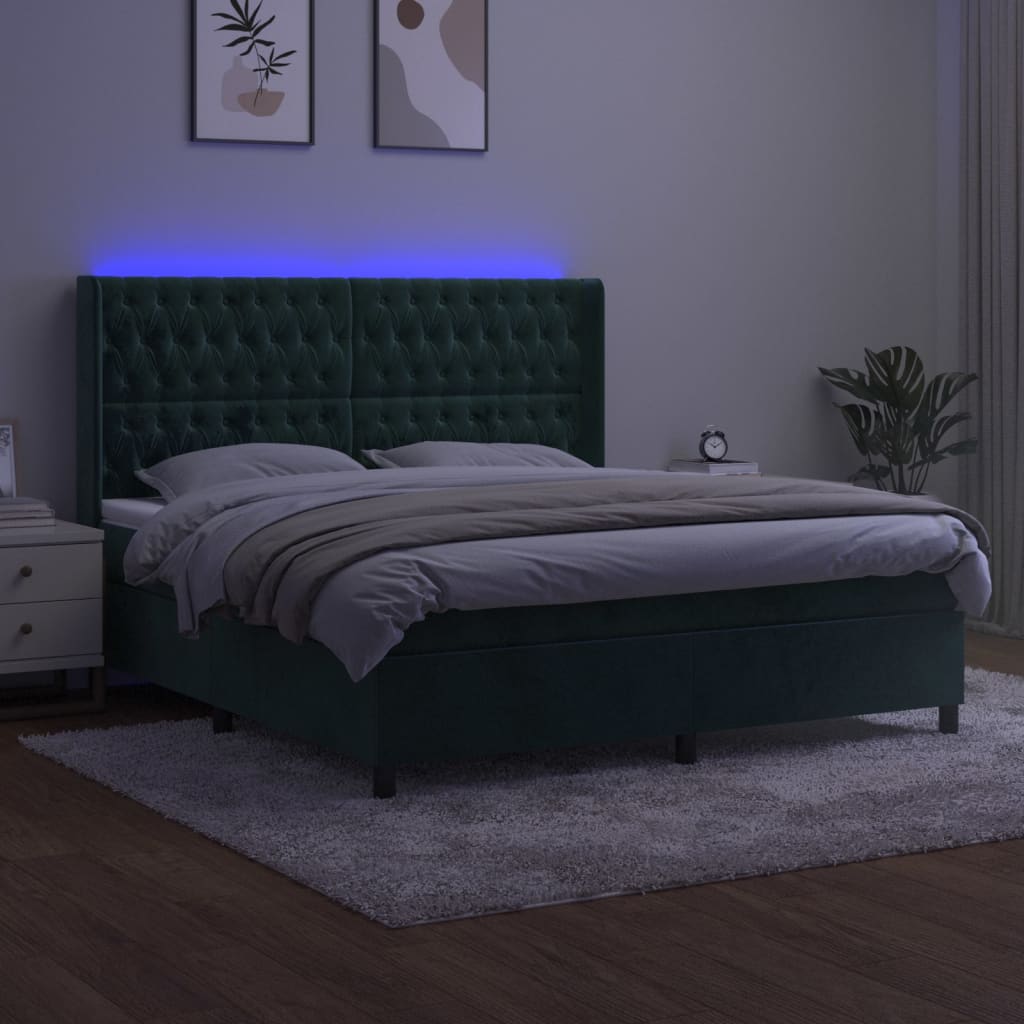 Letto a Molle con Materasso e LED Verde Scuro 180x200cm Velluto 3139760