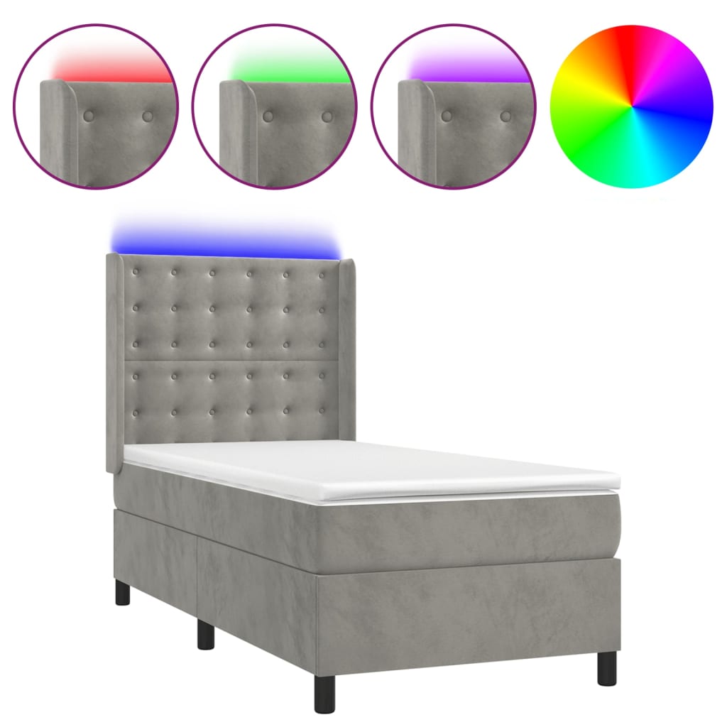 Letto a Molle Materasso e LED Grigio Chiaro 90x190 cm Velluto 3139775