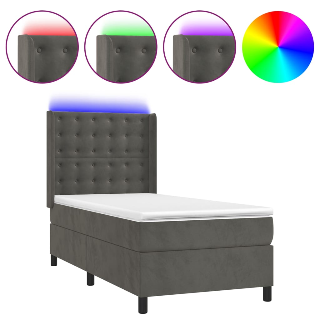 Letto a Molle con Materasso e LED Grigio Scuro 90x200cm Vellutocod mxl 99472