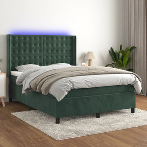 Letto a Molle con Materasso e LED Verde Scuro 140x190cm Velluto 3139802