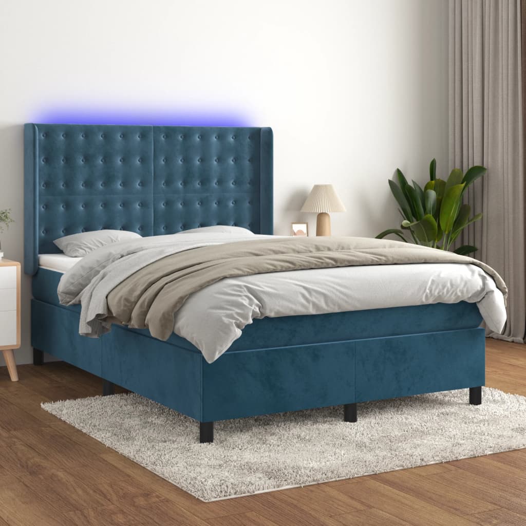 Letto a Molle con Materasso e LED Blu Scuro 140x200 cm 3139809