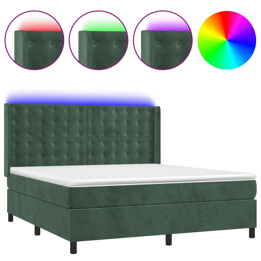 Letto a Molle con Materasso e LED Verde Scuro 180x200cm Velluto 3139820