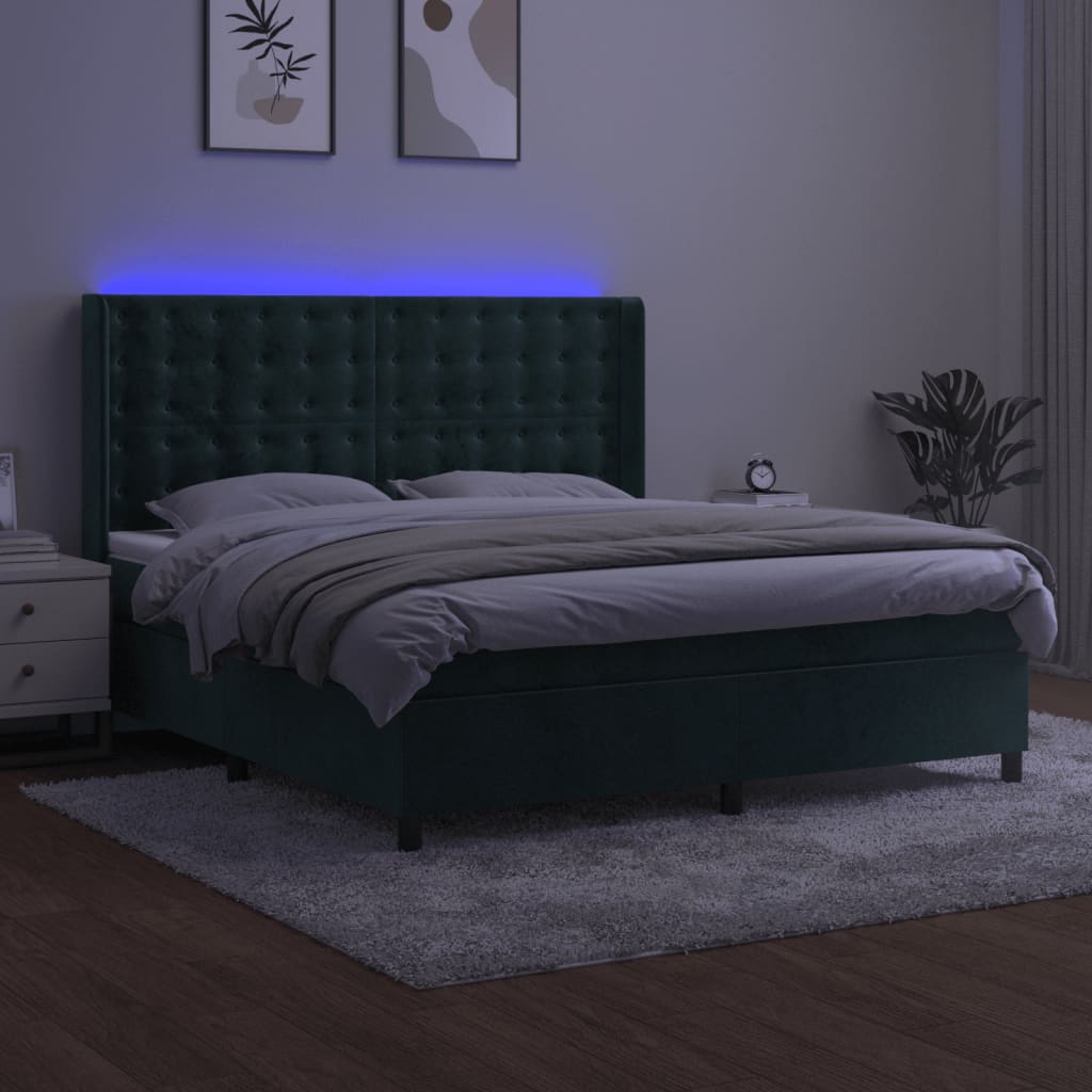 Letto a Molle con Materasso e LED Verde Scuro 180x200cm Vellutocod mxl 123432