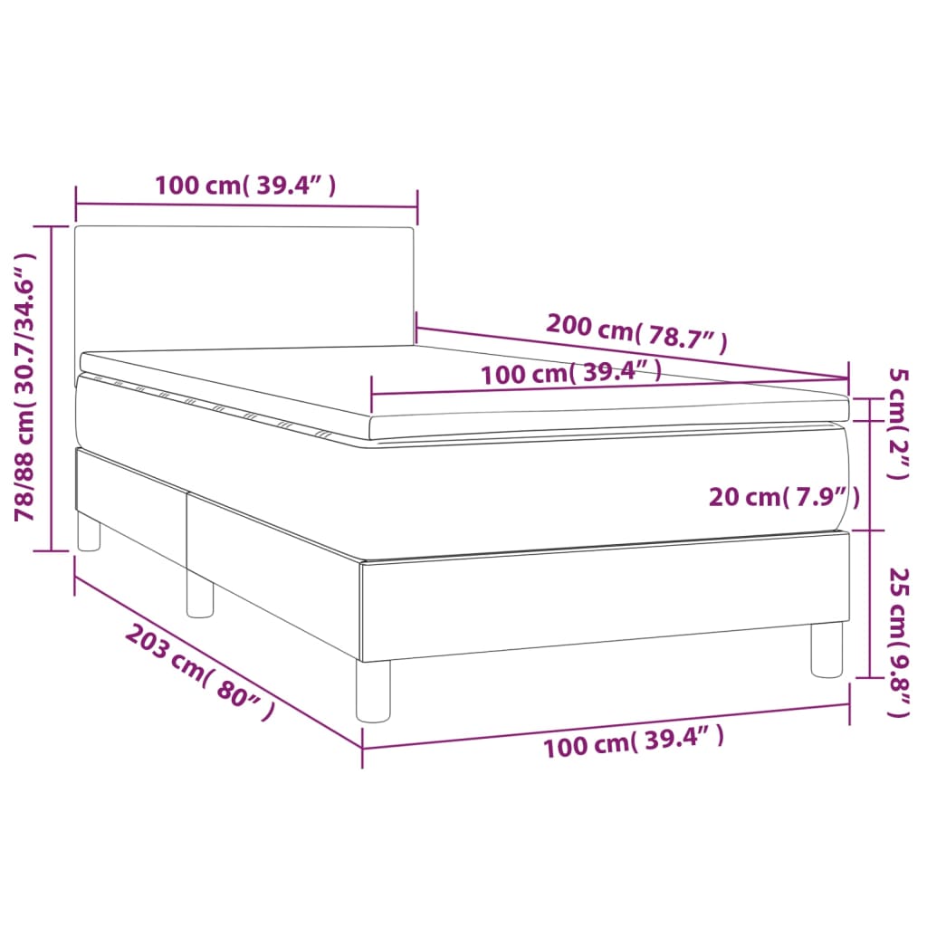 Letto a Molle con Materasso e LED Tortora 100x200cm in Tessuto 3132977